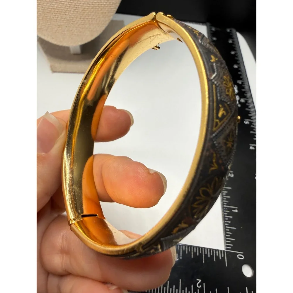 Vintage Damascene Bangle‎ Bracelet Gold Silver Tone Floral Geometric Hinged 7 In